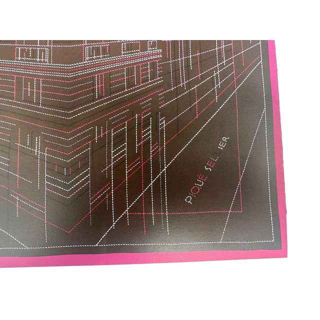 This is a framed Hermès Pique Sellier lithograph of a 140 scarf in a brown colorway, likely designed by Cyrille Diatkine....