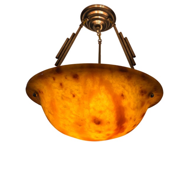 Early 20th Century Honey Amber Hand Carved Original Alabaster Bowl W/ Stepped Nickeled Bronze Stem For Sale - Image 11 of 17