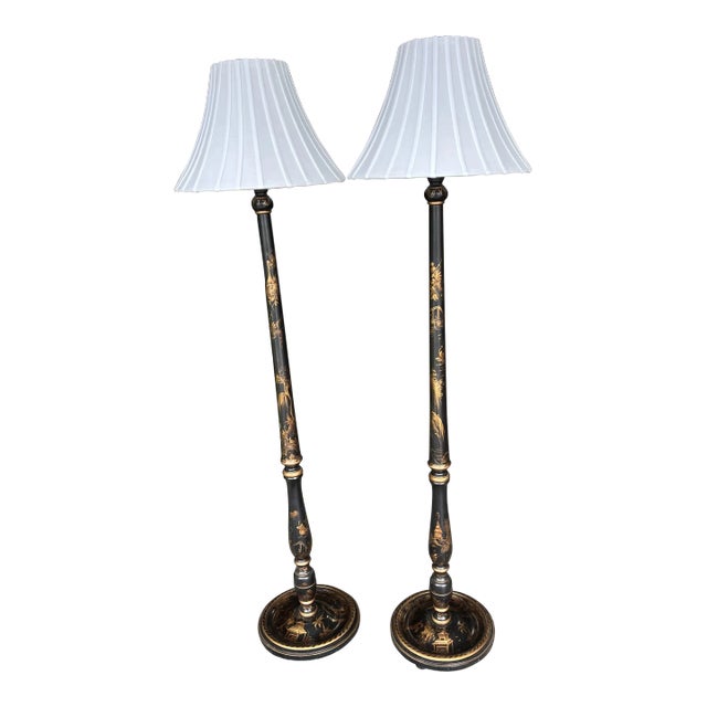 Vintage Black Lacquer Gold Chinoiserie Wood Floor Lamps a Pair For Sale