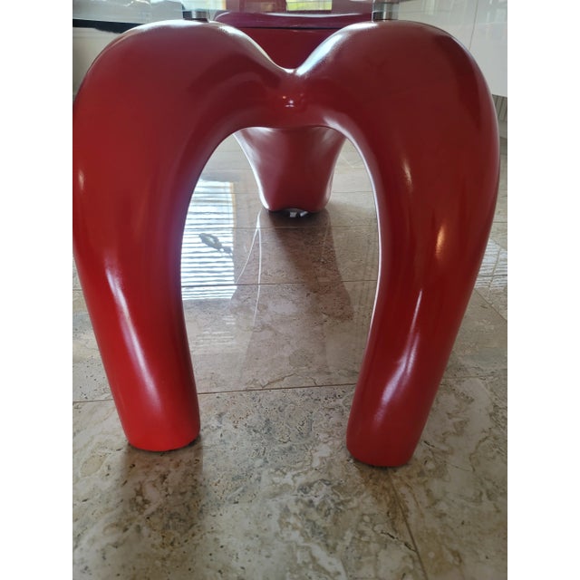 Red Modern Accent Table FreeForm Oval Glass Top Curved Legs For Sale - Image 4 of 11