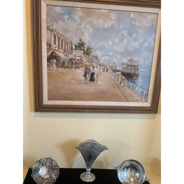 Wood Vintage Oil on Canvas Painting of a Waterfront Landscape - Framed For Sale - Image 7 of 10