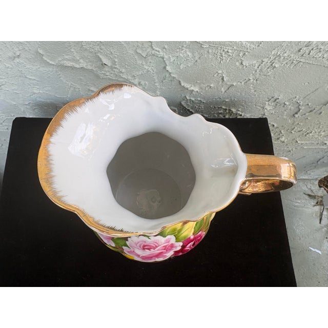 Vintage Hand-Painted Japanese Porcelain Pitcher & Basin Set With Gilt Scroll Handle – Yellow Rose Motif For Sale - Image 11 of 12