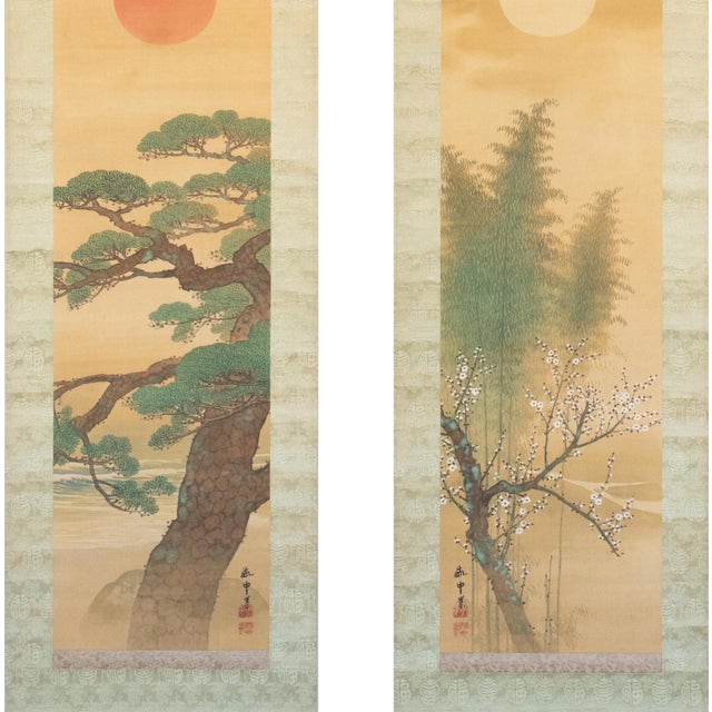 "Sunrise and Moonrise" by Yamada Keichu, Meiji Japanese Paintings in Original Case, Set/2 For Sale - Image 4 of 18