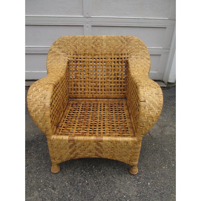 Brown Pair Vintage Woven Rattan Lounge Chairs and Ottoman by McGuire For Sale - Image 8 of 14