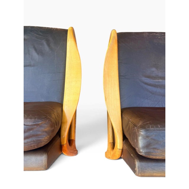 Pair of Danish Modern Leather Lounge Chairs | Sculpted Maple Frames | Brown Leather With Tufted Backs | C. 1960s For Sale - Image 16 of 18