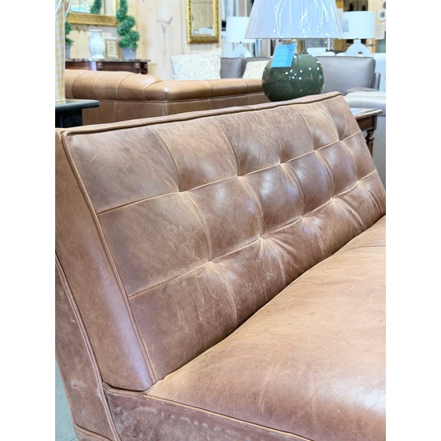 Early 21st Century Mitchell Gold + Bob Williams Tufted Brown Leather Bench Settee For Sale - Image 5 of 9