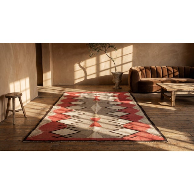 1920s Gray Tribal Kilim Geometric Antique Navajo Rug 4'2" X 5'7" Flatweave Wool Carpet For Sale - Image 9 of 9