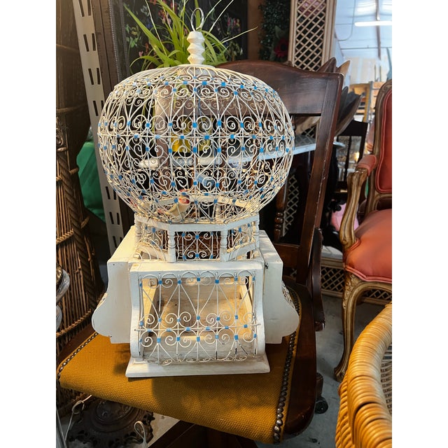 Vintage Indo-French White Metal Bird Cage With Hand Made Bird Figurines For Sale - Image 10 of 11