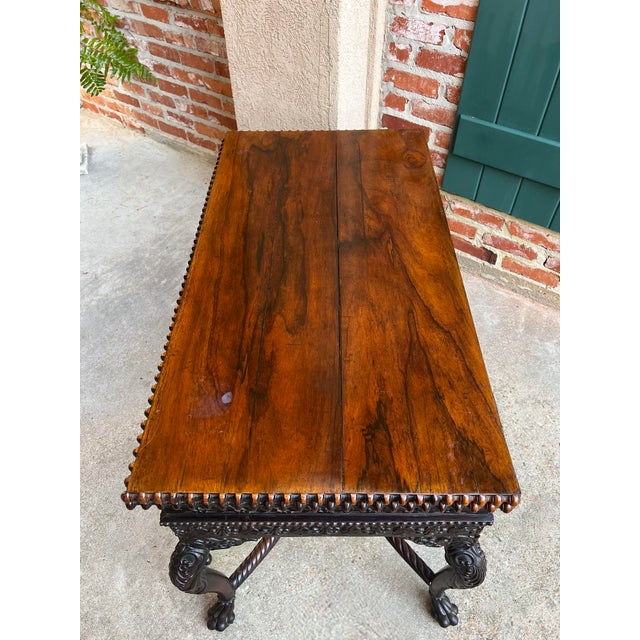Antique Foyer Hall Table British Colonial Carved Wood Leather Flip Top Burmese For Sale - Image 11 of 12