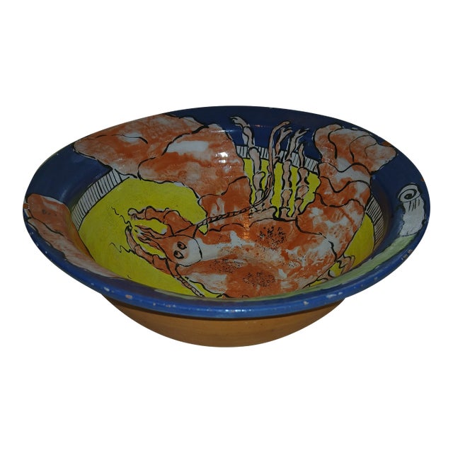 Handmade 1960s Folk Art Lobster Ceramic Bowl For Sale