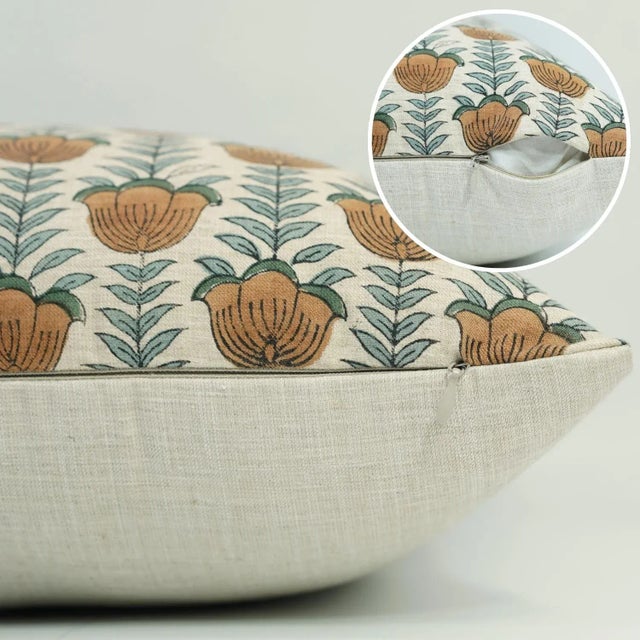 Contemporary Fabdivine Handcrafted Block Lotus Print Linen Blend Cushion Cover- 22x22 For Sale - Image 3 of 5