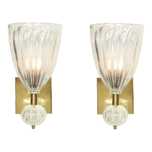 Contemporary Modernist Brass & Handblown Iridescent Murano Glass Sconces With Orbital Drop - a Pair