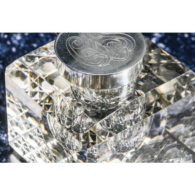 Silver Elegant Large Antique Paperweight Crystal Sterling Silver English Desk Inkwell For Sale - Image 8 of 15