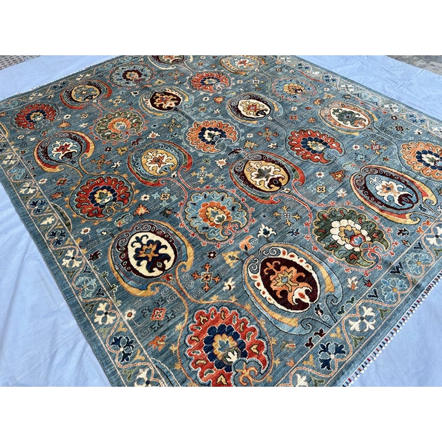 Islamic Hand-Knotted Afghan Suzani Chobi Wool Area Rug - 8'3" X 9'11" For Sale - Image 3 of 14