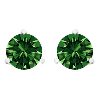 14K White Gold 1.0 Cttw 3-Prong Martini Set Lab Grown Green Diamond Solitaire Stud Earrings For Sale