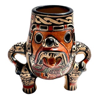 Vintage Mayan Aztec Effigy Painted Pottery Small Vase For Sale