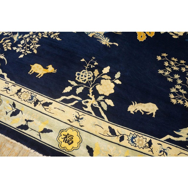 Attractive Navy Color With Beige Border Asymmetric Floral in a Chinoiserie Pattern Antique Chinese Peking Rug For Sale - Image 11 of 12