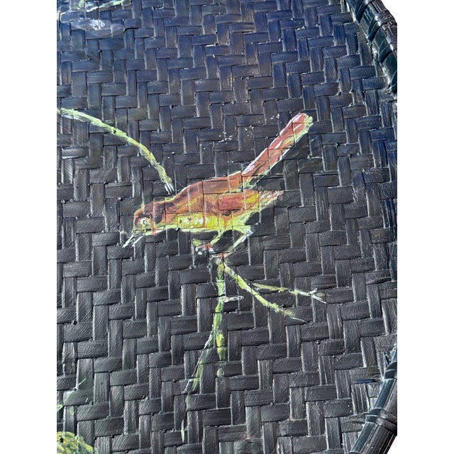 Black Large Hand Painted Rattan Tray-Bird-Floral-27''-Boho-Chinoiserie-Wall-Bamboo For Sale - Image 8 of 11