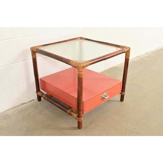Mid-Century Modern John Wisner for Ficks Reed Mid-Century Hollywood Regency Bamboo Rattan Glass Top Side Table, 1950s For Sale - Image 3 of 14