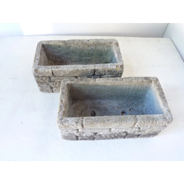 Pair of faux stone form rectangular planters, nicely patinated, a few minor chips.