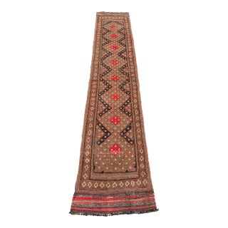 Vintage Mishwani Hand-Knotted Runner Rug Tribal Brown & Red Diamond Rug For Sale