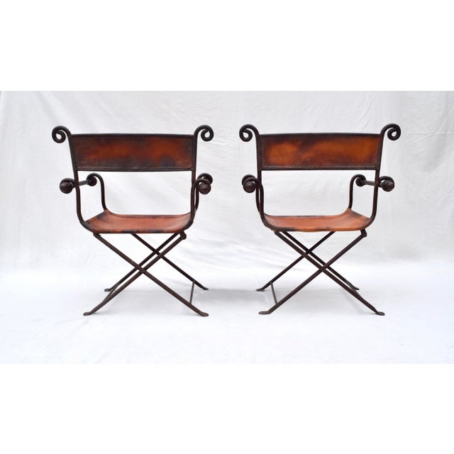 Chestnut A Pair of Italian Savonarola Iron & Leather Campaign Chairs For Sale - Image 8 of 12