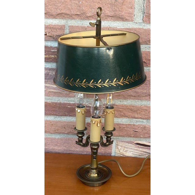 Traditional Antique French Bouilette Brass and Metal Shade 3-Light Table Lamp, 1930s For Sale - Image 3 of 11