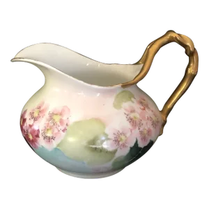 Antique j.p.l. Limoges France Porcelain Creamer Floral Design With Gilt Bamboo Handle