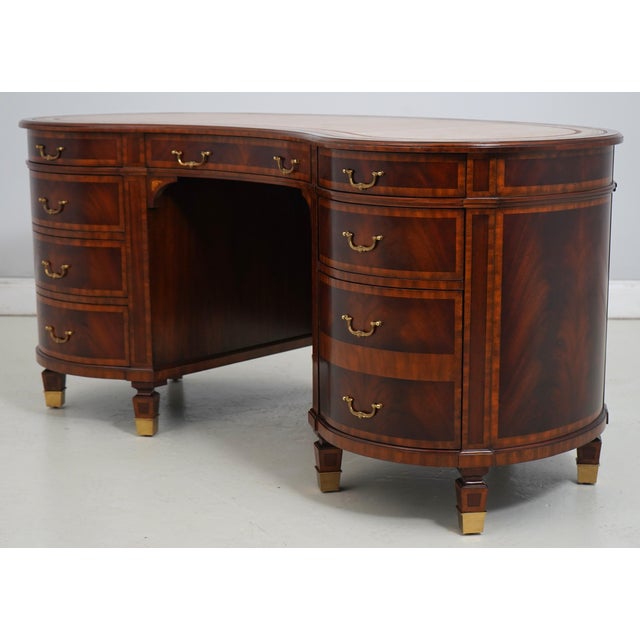 Age: Approx: 20 Years Old Details: Mahogany Brass Capped Feet High Quality Construction Large Impressive Desk Nice Inlay...
