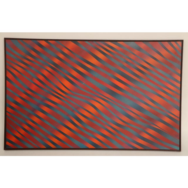 A great vintage Op Art abstract piece executed in fiery oranges and cool blues. This large scale painting features vibrant...