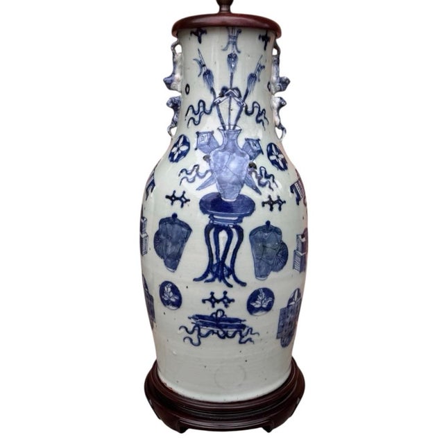 Chinese 19th Century Chinese Blue & White Celadon Glazed Pottery Vase Table Lamps - A Pair For Sale - Image 3 of 12