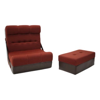 Set of Mid-Century Folding Armchair & Footstool, 1970s For Sale