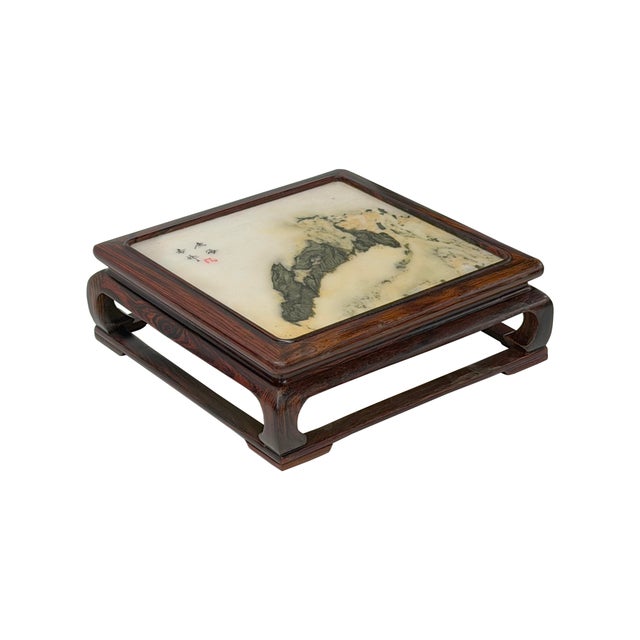 Asian Square Dream Stone Inlaid Rosewood Slender Legs Display Stand For Sale - Image 3 of 10