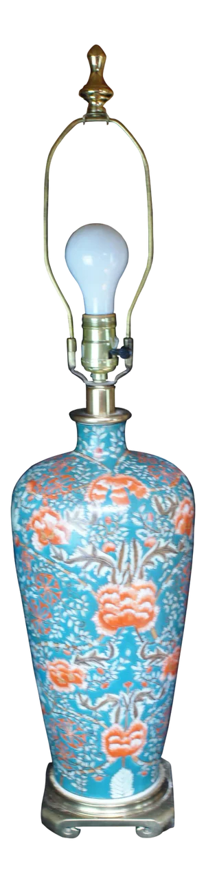 Vintage Late 20th Century Asian Chinoiserie Brass Floral Enameled Porcelain Trophy Urn Lamp