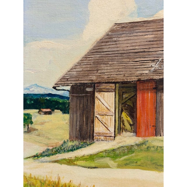 Wood Mid-Century American Oil Painting of Red Barn & Silo, Signed W. Grimshaw For Sale - Image 7 of 14