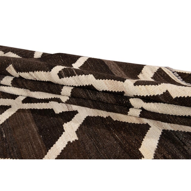 Contemporary Brown Flaweave Kilim Wool Rug With Trellis Design For Sale In New York - Image 6 of 7