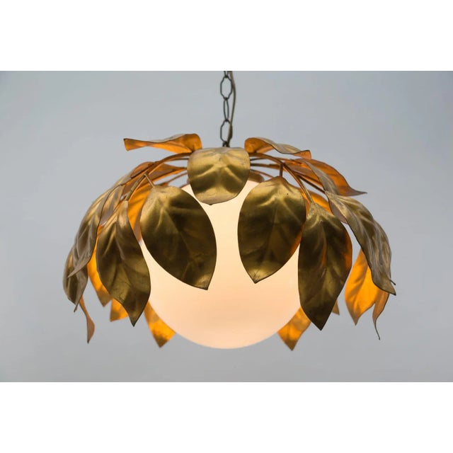 Gilded Florentine Ceiling Lamp with Opaline Glass Globe Shade, 1960s For Sale - Image 6 of 12
