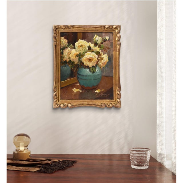 This Antique Floral Still Life Painting category piece, a small bouquet of flowers, is a small oil on canvas painting...