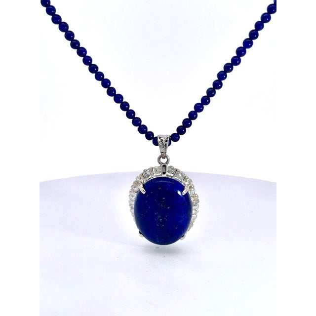 Gemstone Lapis Pendant With Lapis Bead Chain For Sale - Image 7 of 7
