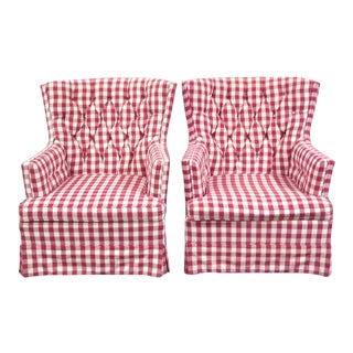 Vintage Red Gingham Check Club Chairs, Pair For Sale