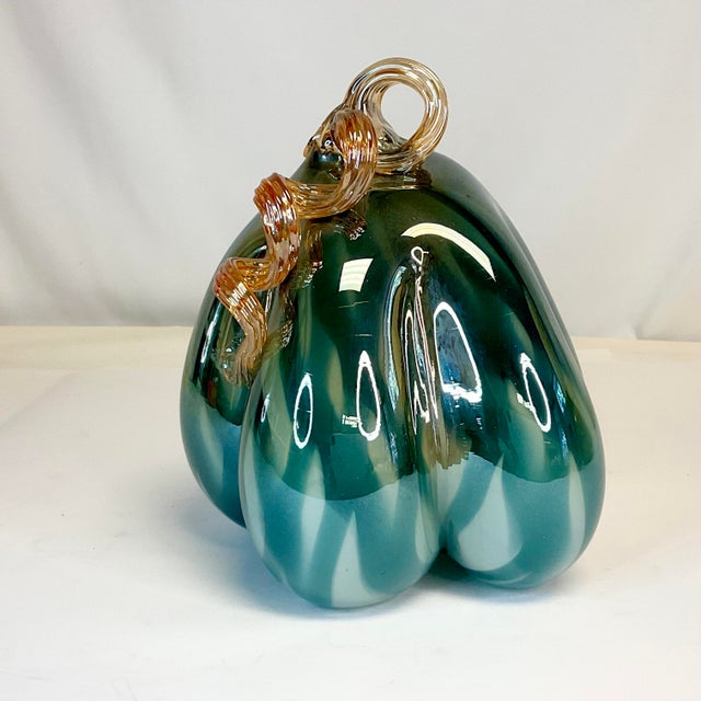 Teal 1990s Vintage Hollywood Regency Italian Venetian Blown Glass Pumpkin - Halloween & Thanksgiving For Sale - Image 8 of 10