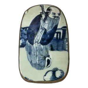 Chinese Old White Base Blue OldMan Graphic Porcelain Art Pewter Box