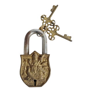 Vintage Brass India Saraswati & Om Lock For Sale