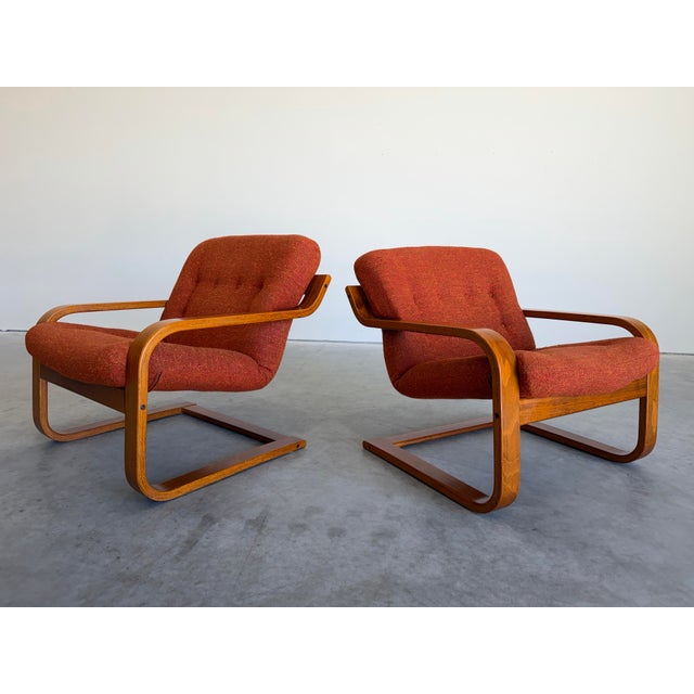 Orange 1970s Mid Century Westnofa Norway Cantilevered Bentwood and Orange Wool Lounge Chair Pair For Sale - Image 8 of 12