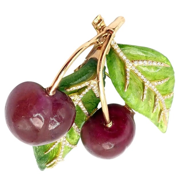 Vintage Tiffany & Co. France Diamond Plique a Jour Glass Cherries Gold Brooch For Sale - Image 10 of 11