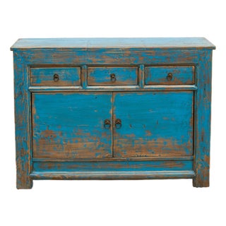 Ming Teal Distressed Vintage Credenza For Sale