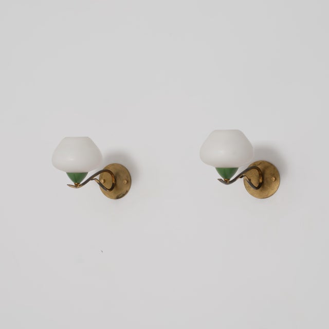Italian Brass, Green Lacquered Metal and Opaline Glass Wall Sconces, 1950s, Set of 2 For Sale - Image 9 of 13