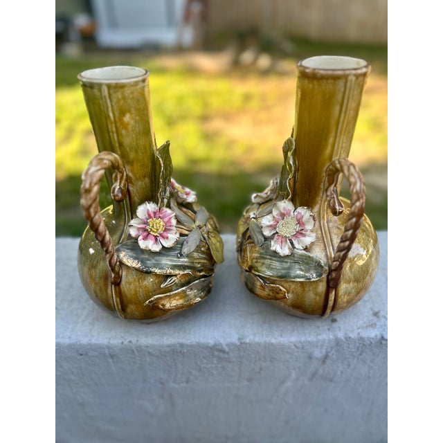 Pair of Antique French Art Nouveau Barbotine Majolica Vases With Applied Flowers For Sale - Image 12 of 12