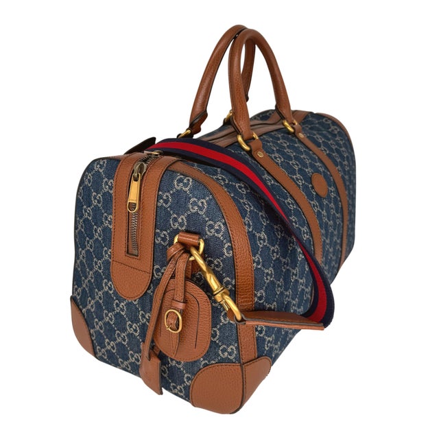 Contemporary Gucci Denim Gg Supreme Canvas and Brown Leather Duffle Bag, Spring/Summer 2022. For Sale - Image 3 of 13