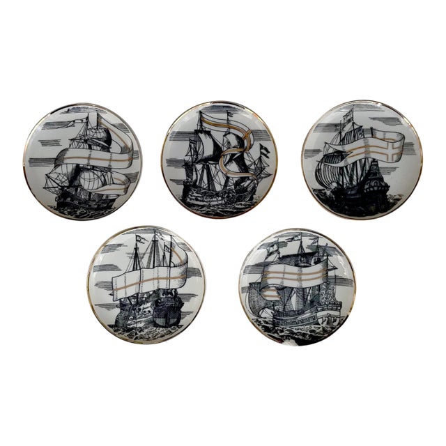 1960s Fornasetti Style "Tall Ship" Coasters - Set of 5 For Sale